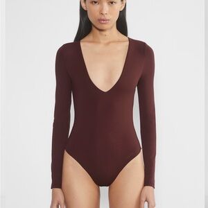 Deep V-Neck Long Sleeve Bodysuit - Burgundy